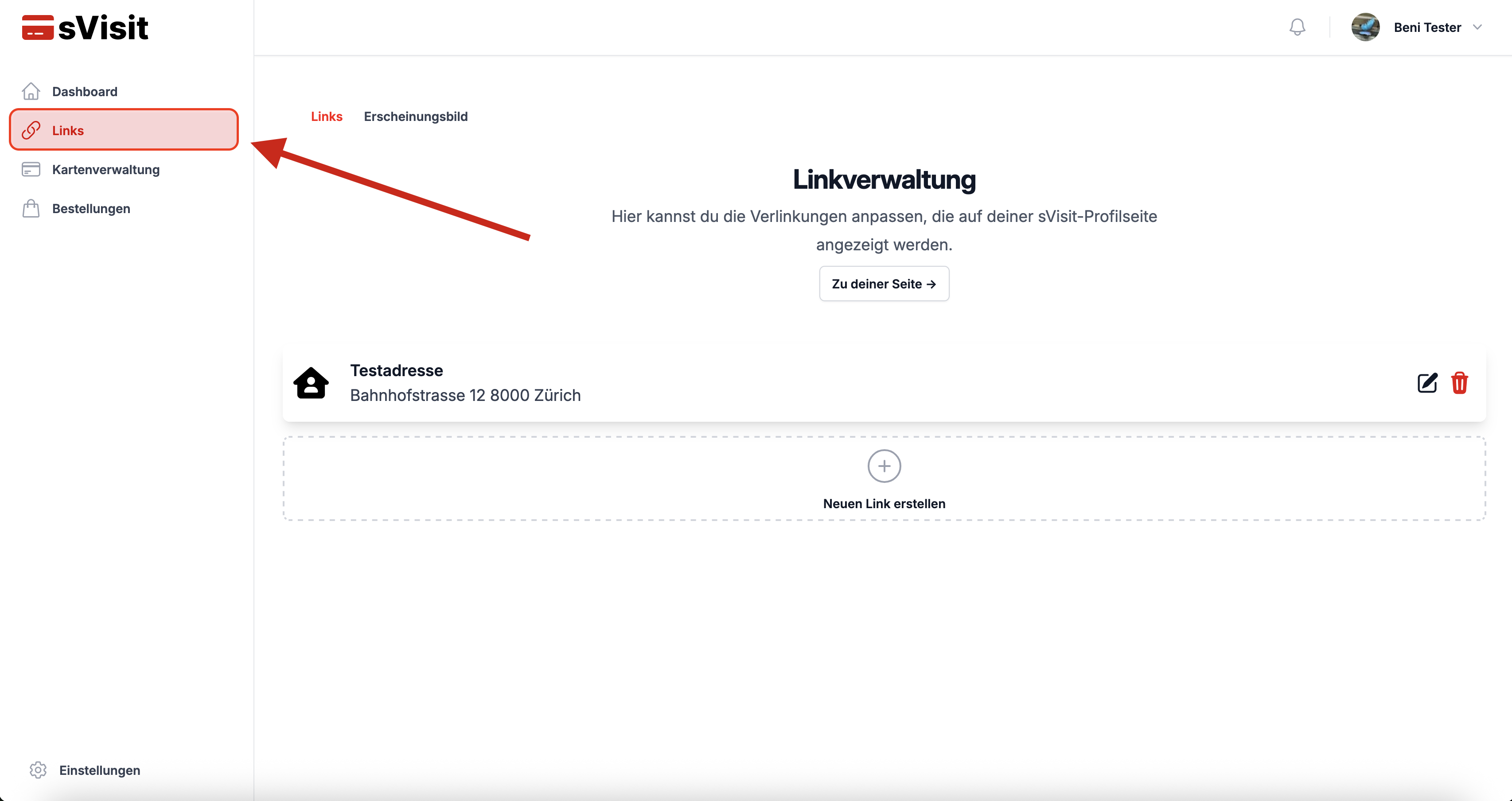 Linkverwaltung im sVisit-Dashboard